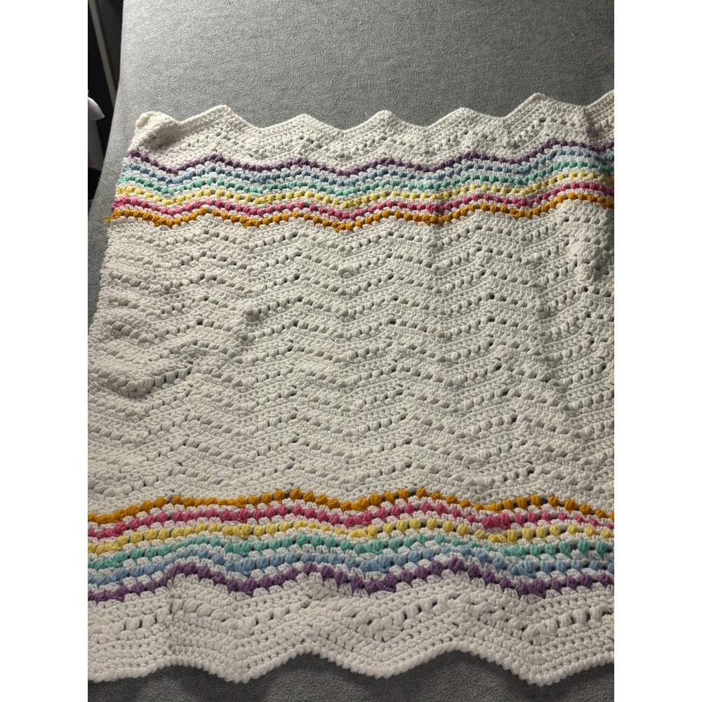 Handmade Crochet Baby Blanket White Rainbow Chevron Ripple Bobble Stitch 35x30